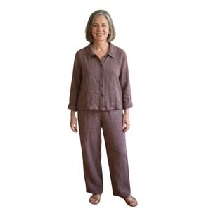 FLAX Brown Textured Linen 2 Piece Set Button Down Shirt and Pants M/L Lagenlook